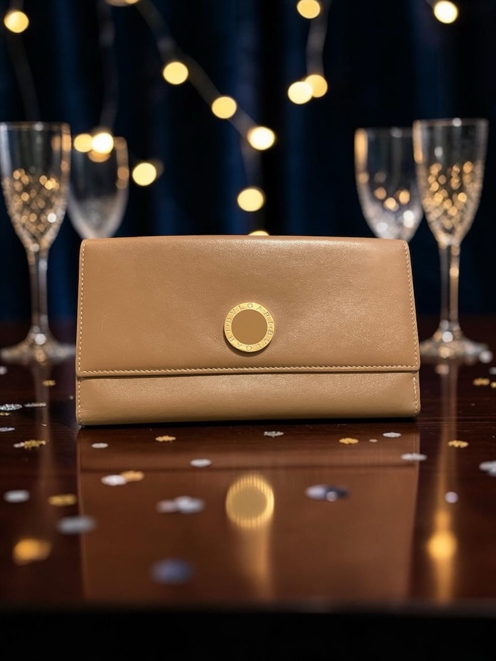BVLGARI Stunning Leather Wallet Clutch with BVLGARI Gold Accent